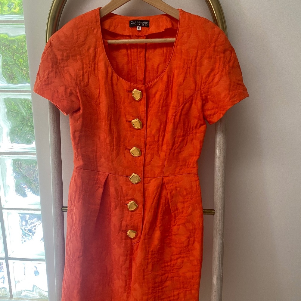 Vintage GUY LAROCHE Boutique Paris Sheath Orange Dress Big Buttons Sz 38